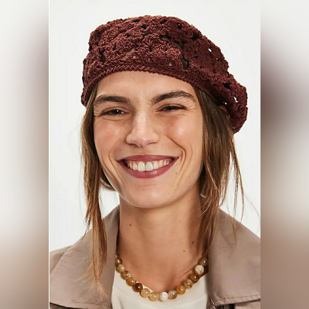 FREE PEOPLE BROWN CROCHET COTTON BERET SOLD OUT ONLINE